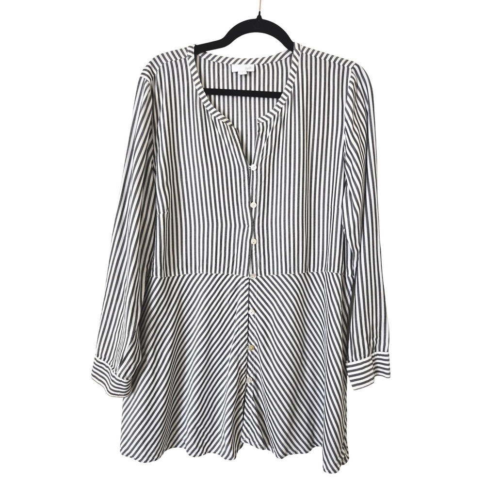 J. Jill Womens L Tunic Top Gray White Striped Button Front Rayon Long Sleeve